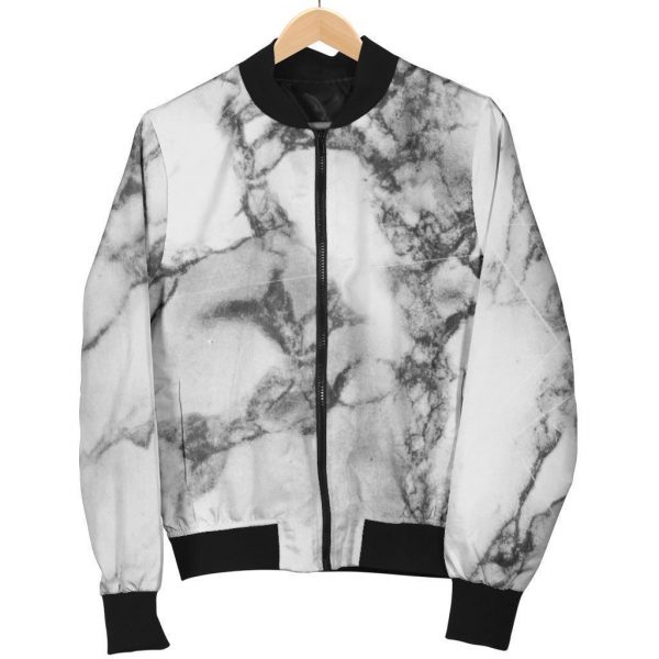 White Dark Grey Marble Print Bomber Jacket