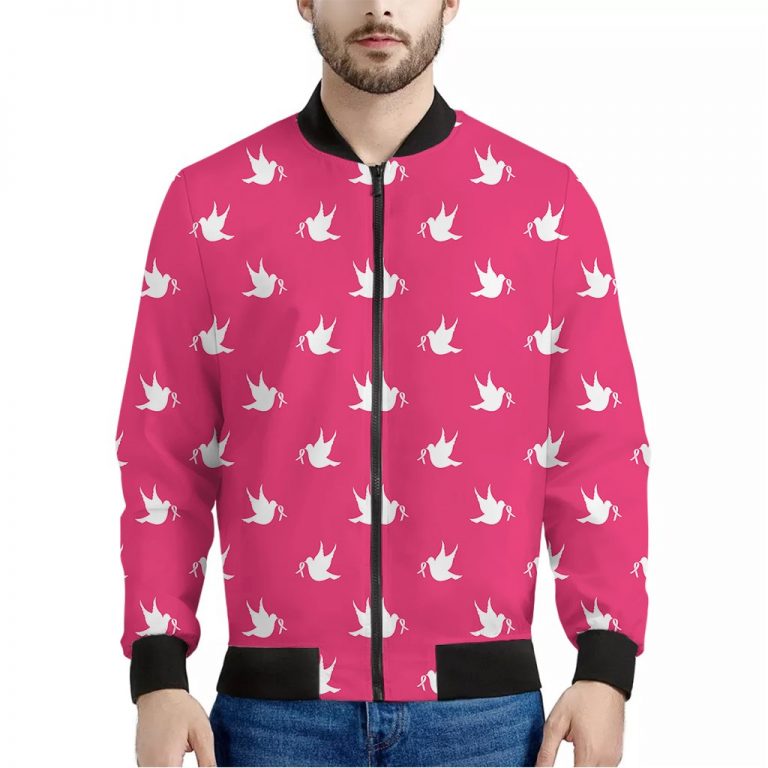 White Dove Breast Cancer Pattern Print Bomber Jacket