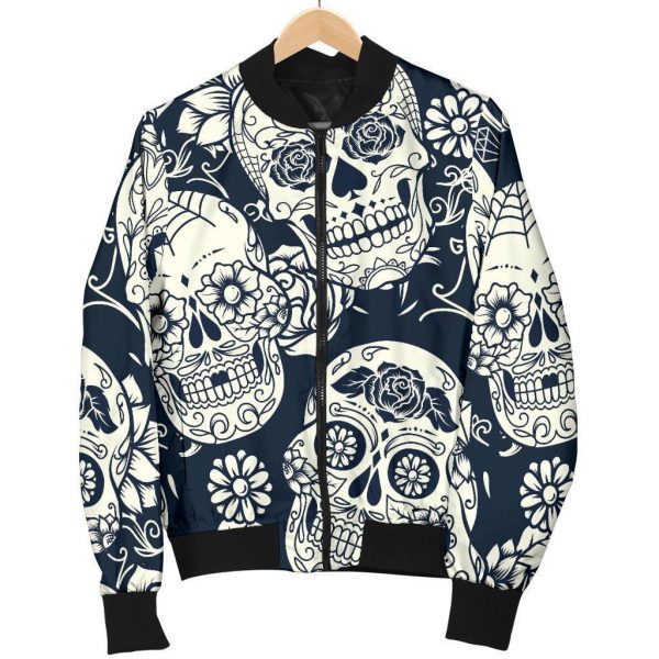 White Floral Sugar Skull Pattern Print Bomber Jacket
