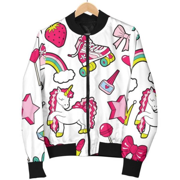 White Girly Unicorn Pattern Print Bomber Jacket