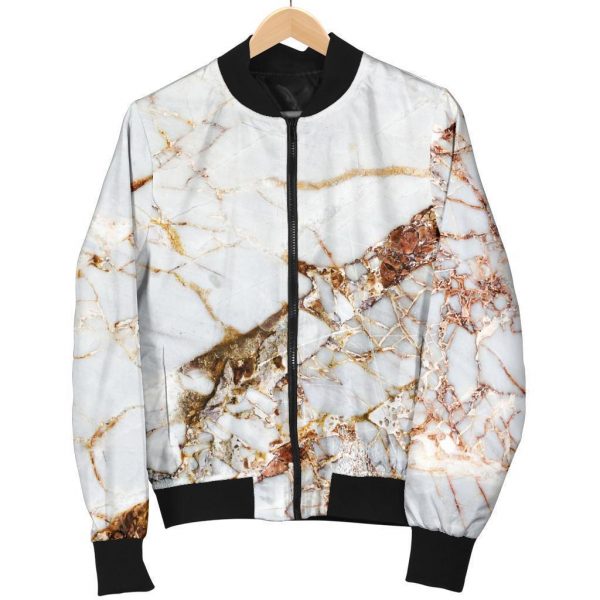White Gold Grunge Marble Print Bomber Jacket