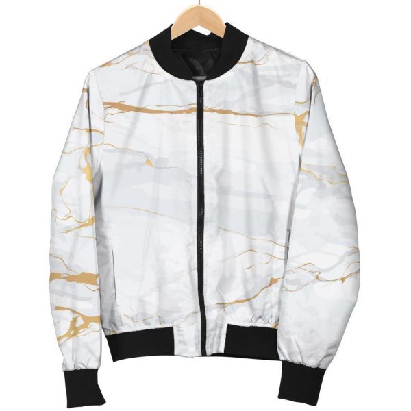 White Gold Scratch Marble Print Bomber Jacket