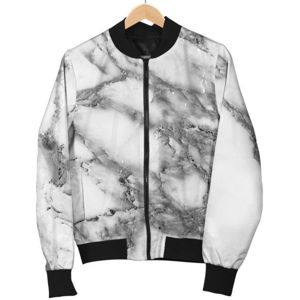 White Gray Marble Print Bomber Jacket