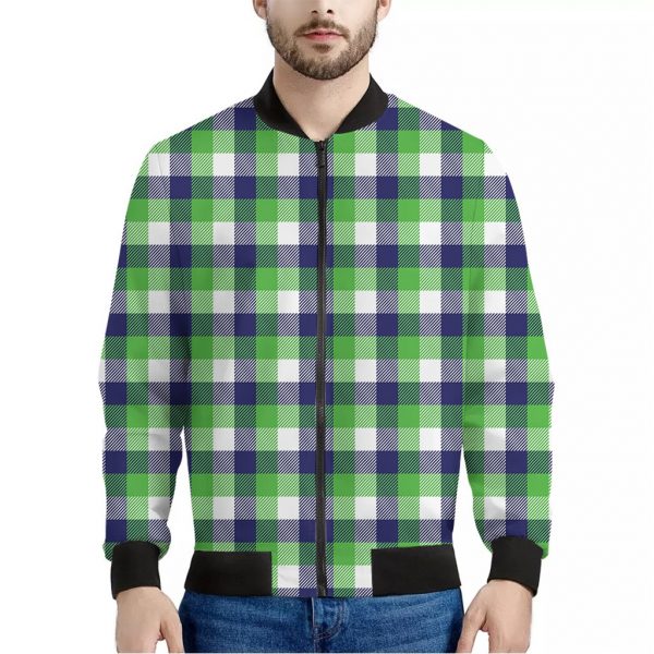 White Green And Blue Buffalo Plaid Print Bomber Jacket