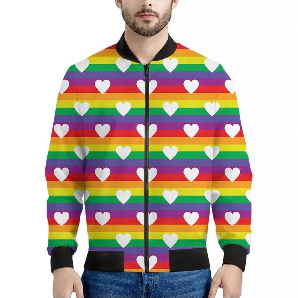 White Heart On LGBT Pride Striped Print Bomber Jacket