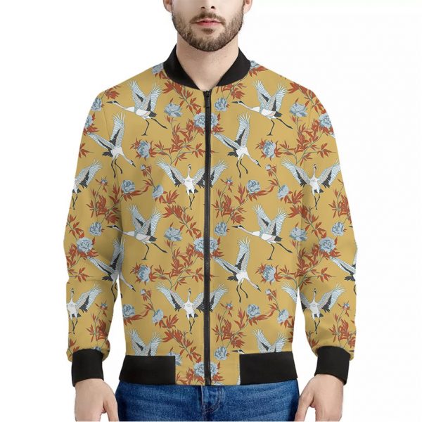 White Japanese Cranes Pattern Print Bomber Jacket