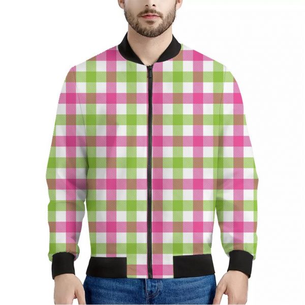 White Pink And Green Buffalo Plaid Print Bomber Jacket