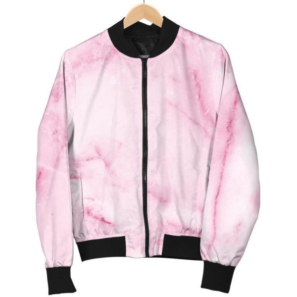 White Pink Marble Print Bomber Jacket