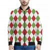 White Red And Green Argyle Pattern Print Bomber Jacket
