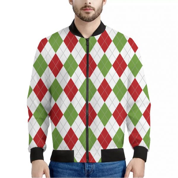 White Red And Green Argyle Pattern Print Bomber Jacket