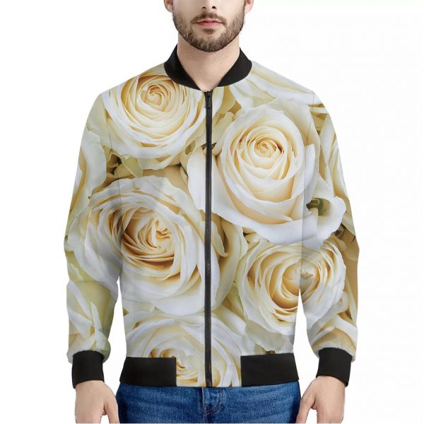 White Rose Print Bomber Jacket