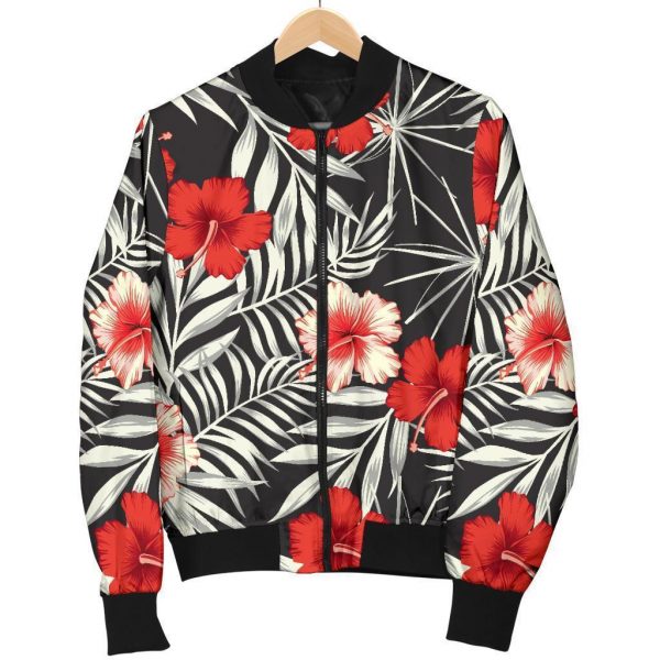 White Tropical Hibiscus Pattern Print Bomber Jacket