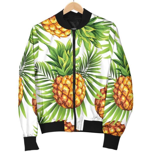 White Tropical Pineapple Pattern Print Bomber Jacket