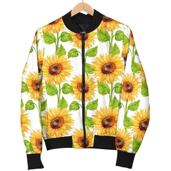 White Watercolor Sunflower Pattern Print Bomber Jacket