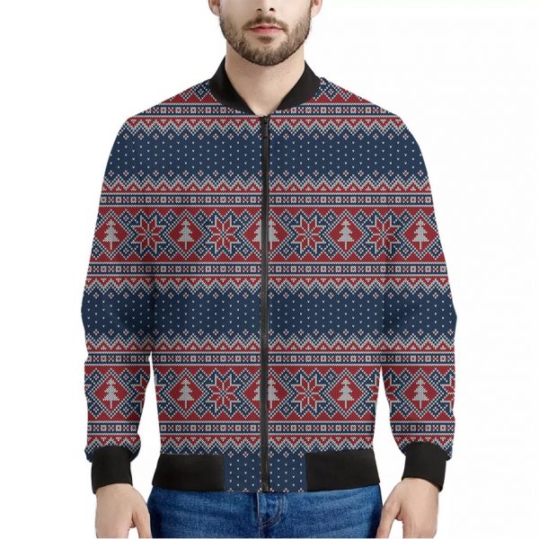 Winter Holiday Knitted Pattern Print Bomber Jacket
