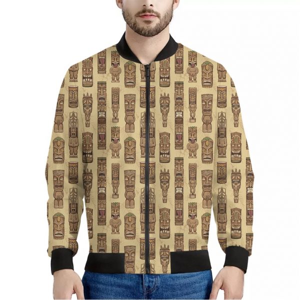 Wooden Tiki Pattern Print Bomber Jacket