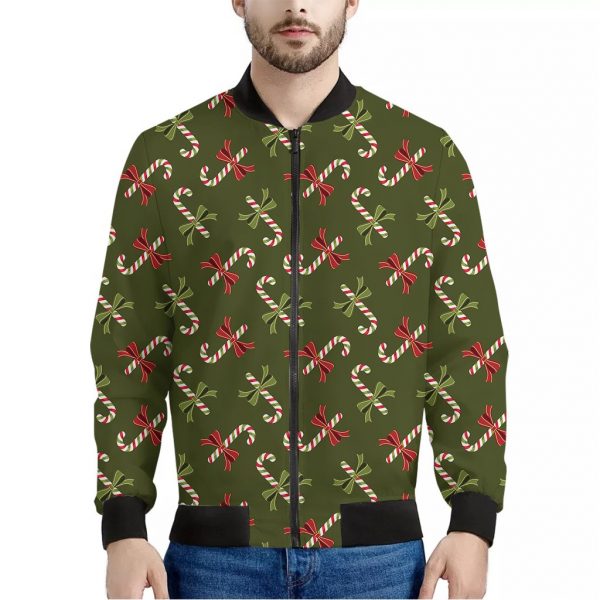 Xmas Candy Cane Pattern Print Bomber Jacket