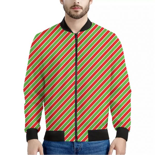 Xmas Candy Cane Stripes Print Bomber Jacket