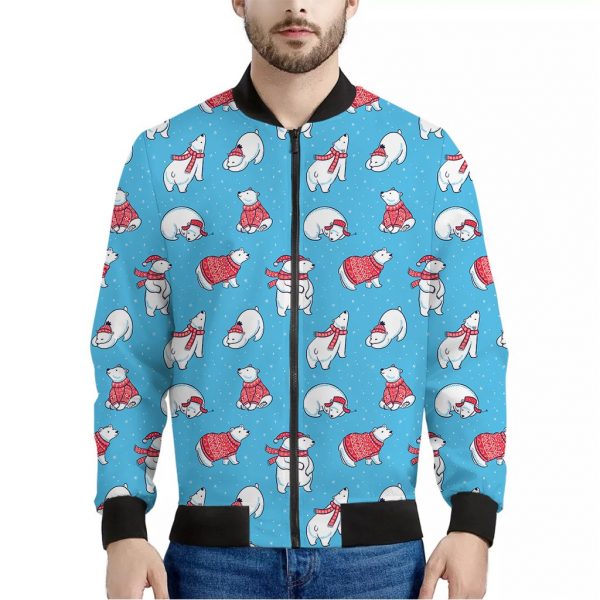 Xmas Polar Bear Pattern Print Bomber Jacket