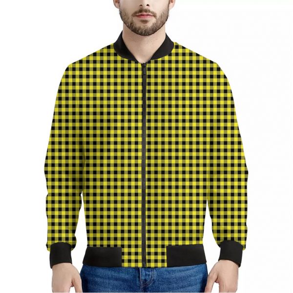 Yellow And Black Check Pattern Print Bomber Jacket
