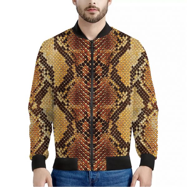 Yellow And Brown Snakeskin Print Bomber Jacket