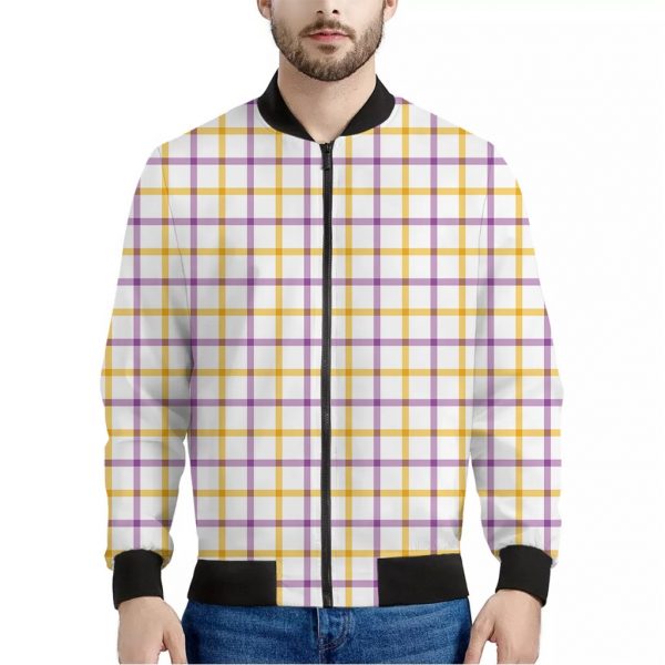 Yellow And Purple Tattersall Print Bomber Jacket