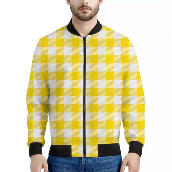 Yellow And White Buffalo Check Print Bomber Jacket