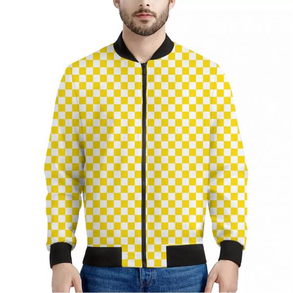 Yellow And White Checkered Pattern Print Bomber Jacket