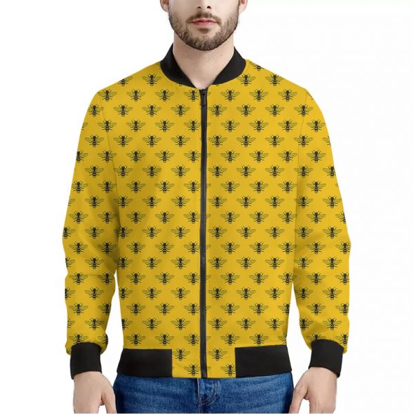 Yellow Bee Pattern Print Bomber Jacket