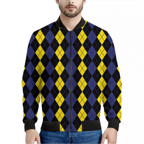 Yellow Black And Blue Argyle Print Bomber Jacket