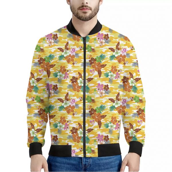 Yellow Camo And Hibiscus Flower Print Bomber Jacket