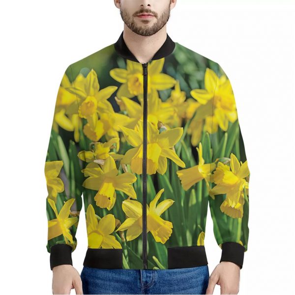 Yellow Daffodil Flower Print Bomber Jacket