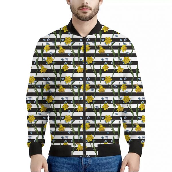 Yellow Daffodil Striped Pattern Print Bomber Jacket