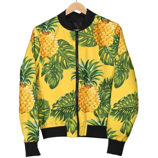 Yellow Tropical Pineapple Pattern Print Bomber Jacket