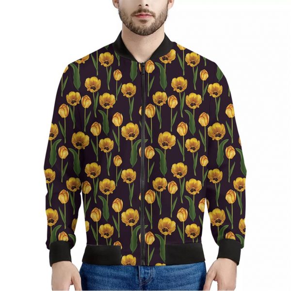 Yellow Tulip Flower Pattern Print Bomber Jacket