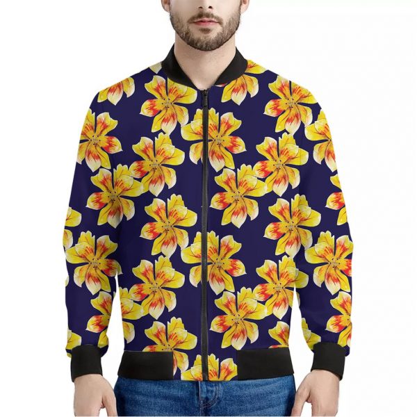 Yellow Watercolor Lily Pattern Print Bomber Jacket