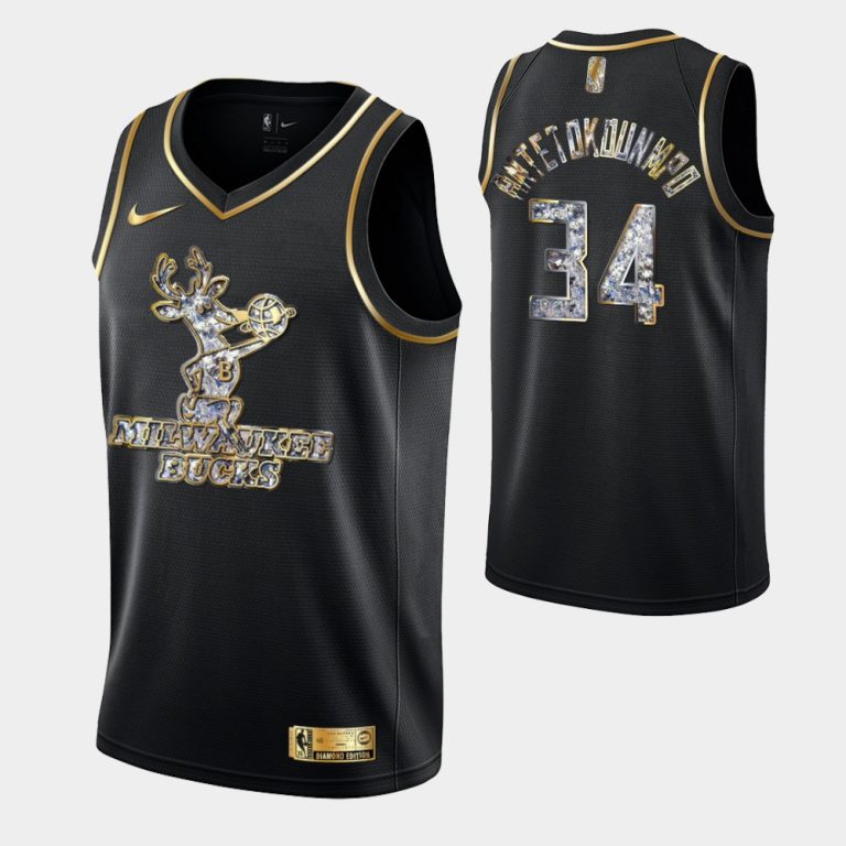 Milwaukee Bucks Retro Logo 2022 Playoffs Black Giannis Antetokounmpo Retro Logo Jersey Diamond Edition