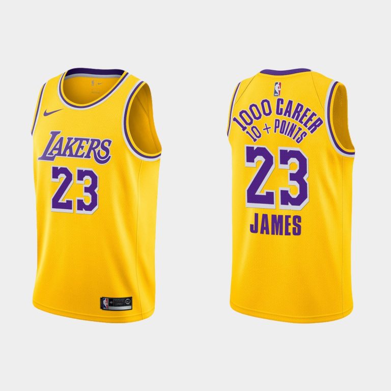 Men Los Angeles Lakers #23 LeBron James at least 10 points in 1000 Jersey Icon Edition Special Commemoration Gold