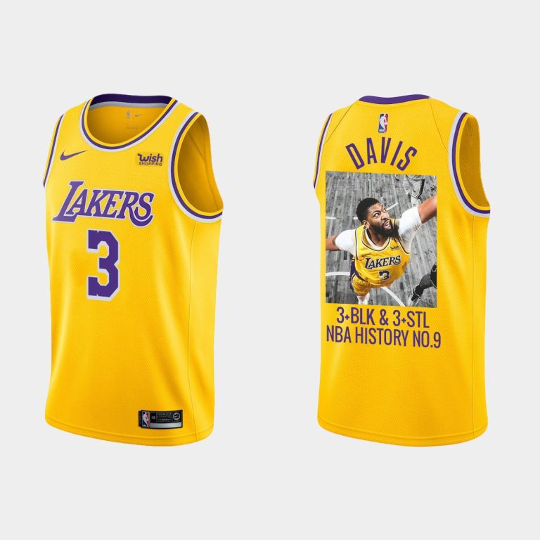 Men Los Angeles Lakers #3 Anthony Davis 3 BLK 3 STL NBA History No.9 Jersey Special Commemoration Gold