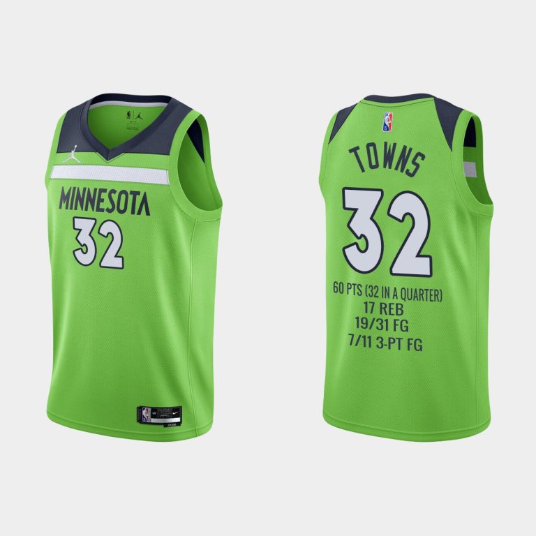 Men Minnesota Timberwolves #32 Karl-Anthony Towns Career High 60 points Special Commemoration Green Jersey