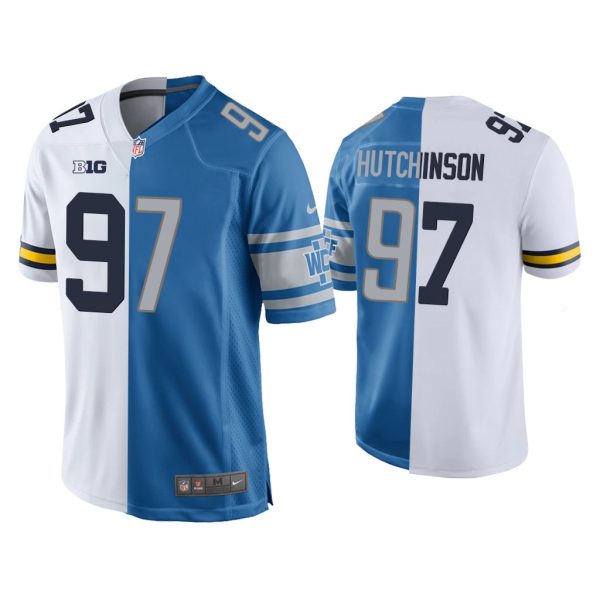 Aidan Hutchinson Detroit Lions Blue White 2022 NFL Draft Split Game Jersey