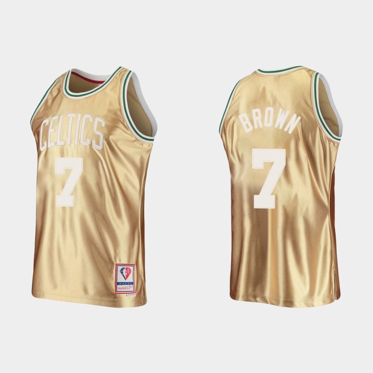 Men Boston Celtics Mitchell & Ness Jaylen Brown 7 #75th Anniversary Gold HWC Limited Jersey