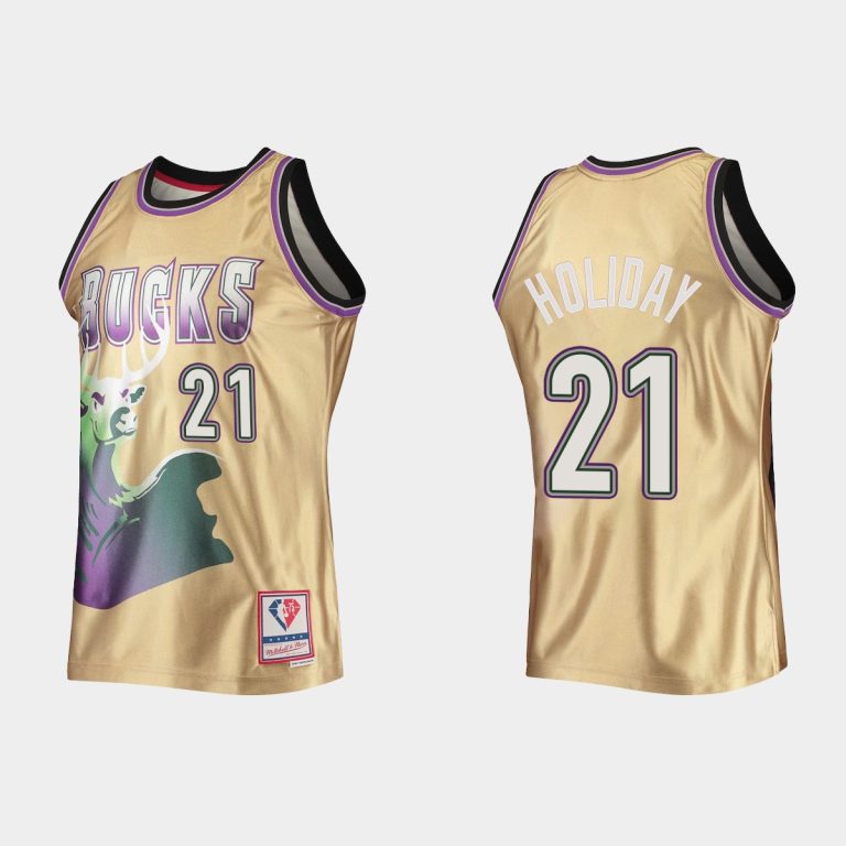 Men Milwaukee Bucks NBA 75th Anniversary #21 Jrue Holiday HWC Limited Gold Jersey