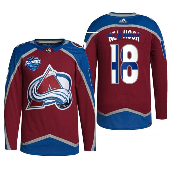 Men 2022 NHL Global Series Colorado Avalanche Alex Newhook Jersey Finland Edition Burgundy #18 Uniform