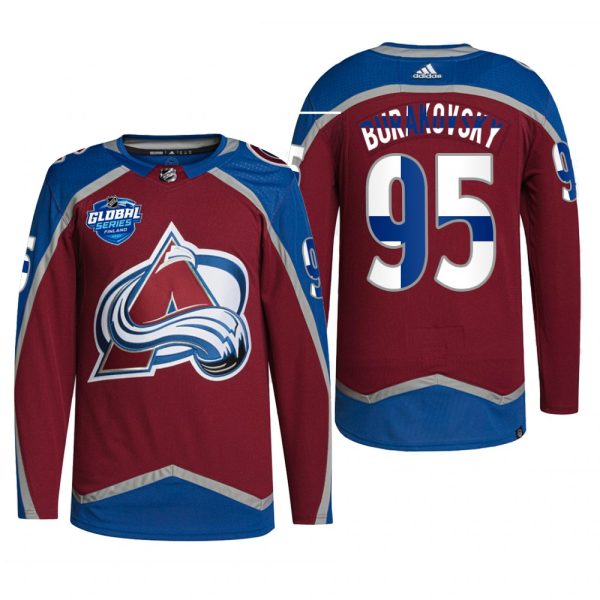 Men 2022 NHL Global Series Colorado Avalanche Andre Burakovsky Jersey Finland Edition Burgundy #95 Uniform