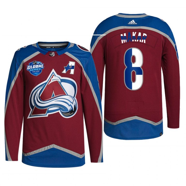 Men 2022 NHL Global Series Colorado Avalanche Cale Makar Jersey Finland Edition Burgundy #8 Uniform