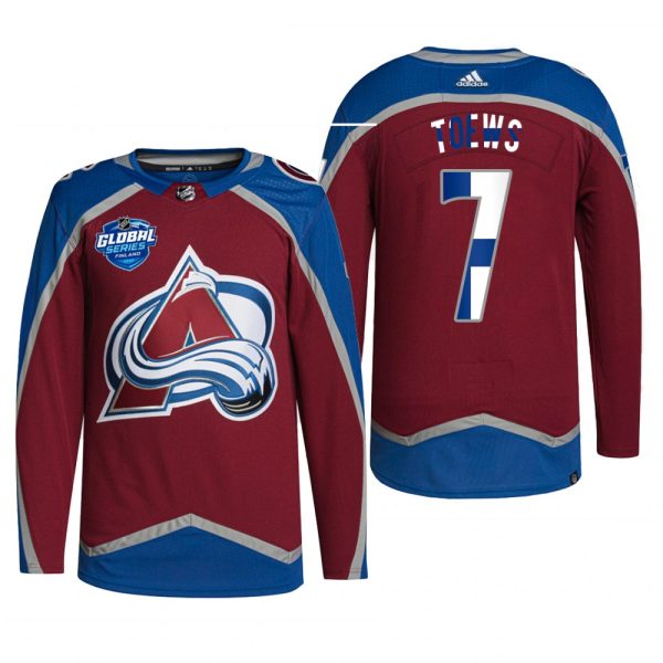 Men 2022 NHL Global Series Colorado Avalanche Devon Toews Jersey Finland Edition Burgundy #7 Uniform