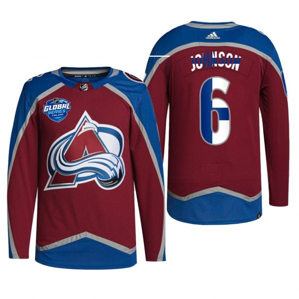 Men 2022 NHL Global Series Colorado Avalanche Erik Johnson Jersey Finland Edition Burgundy #6 Uniform