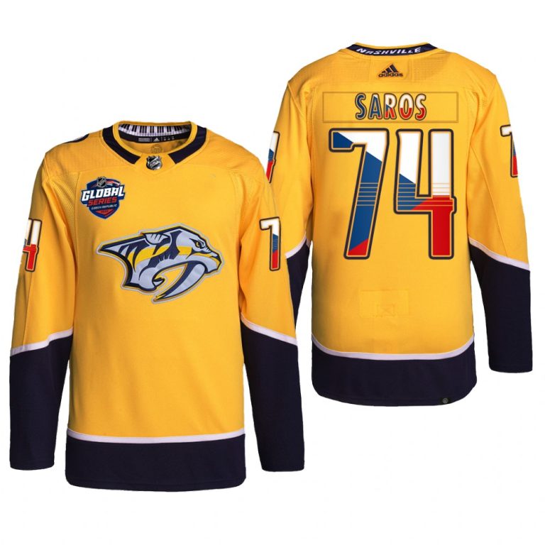 Men 2022 NHL Global Series Nashville Predators Juuse Saros Jersey Czech Republic Challenge Gold #74 Uniform