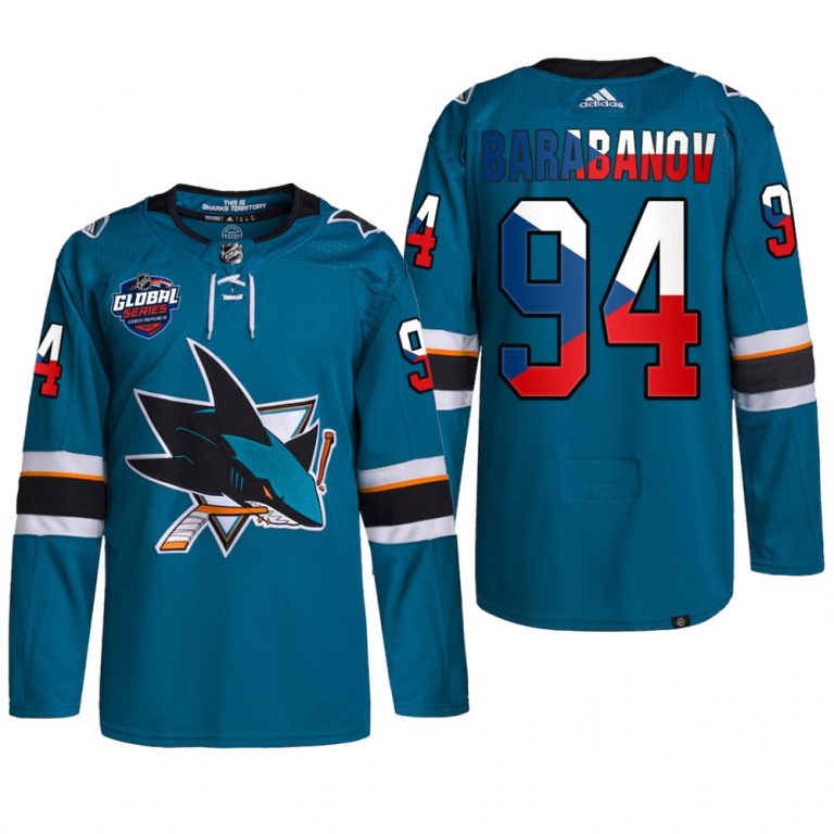 Men 2022 NHL Global Series San Jose Sharks Alexander Barabanov Jersey Czech Republic Challenge Teal #94 Uniform